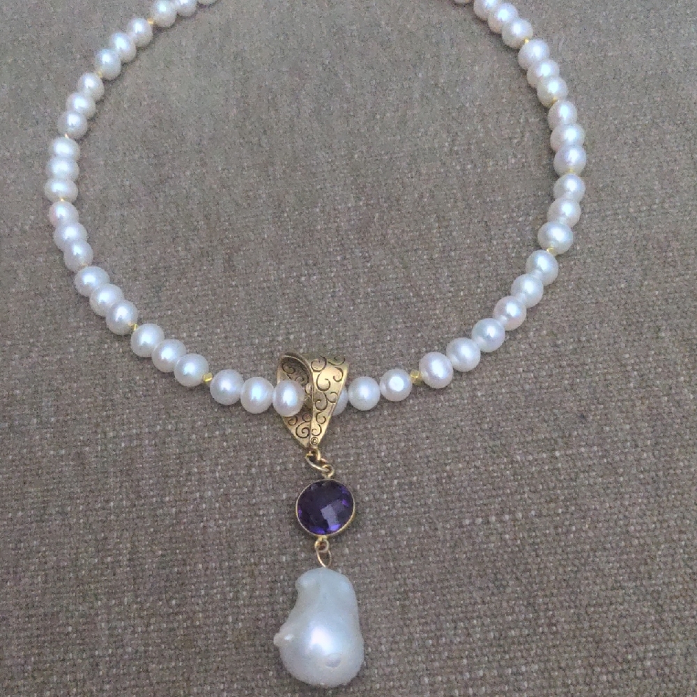 New Large Baroque Pearl, Amethyst & Pearl Gold Necklace ,  Genuine,
